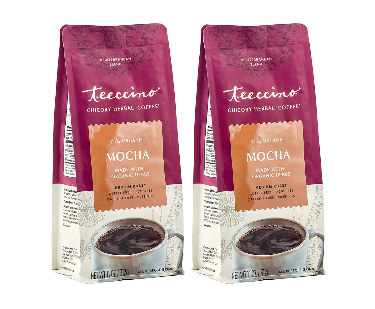 Teeccino Mocha Chicory Herbal Coffee Medium Roast Ground, 11 ounce (Pack of 6)