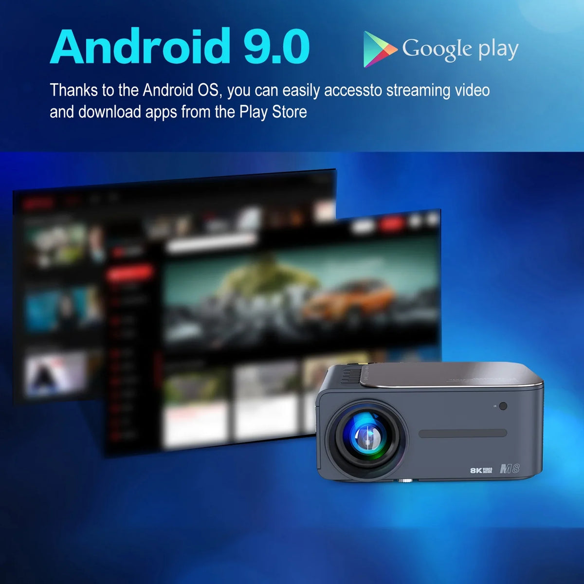 moobody Projector 8K HDR Ultra Clear 2.4G+5G WiFi BT5.0 Keystone Correction Android 9 80,inch Large Screen AI ligent Voice Control