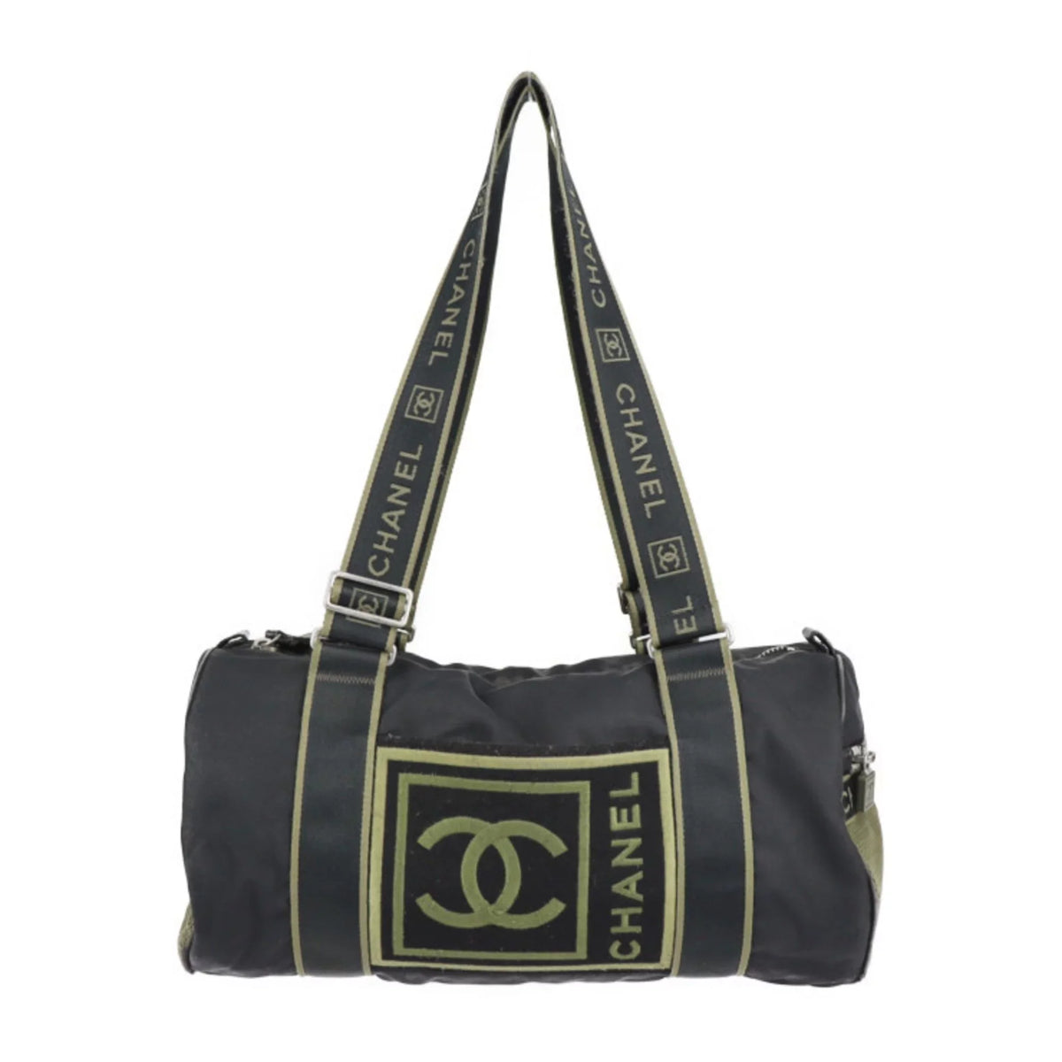 Pre-Owned CHANEL Chanel Sport Line Boston Bag Nylon Canvas Jet Khaki Green Shoulder Travel Cocomark 10 Series Round Cylindrical (Fair)