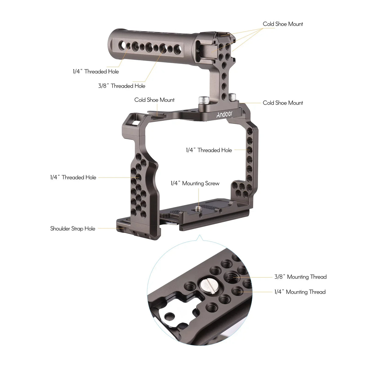 Andoer Aluminum Alloy Camera Cage Kit with Video Rig Handle Grip Replacement for A7R III/ A7 II/ A7III