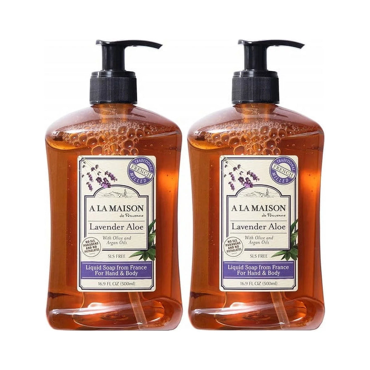 A LA MAISON Lavender Aloe Liquid Hand Soap - Triple French Milled Natural Moisturizing Soap (2 Pack, 16.9 oz Bottle)