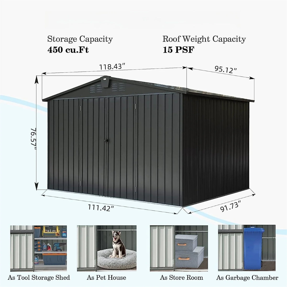 Homiyad Outdoor Storage Shed 10'X 8', Metal Garden Shed for Bike, Trash Can, Tools, Galvanized Steel Outdoor Storage Cabinet with Lockable Door for Backyard, Patio, Lawn (10X8ft, Jet