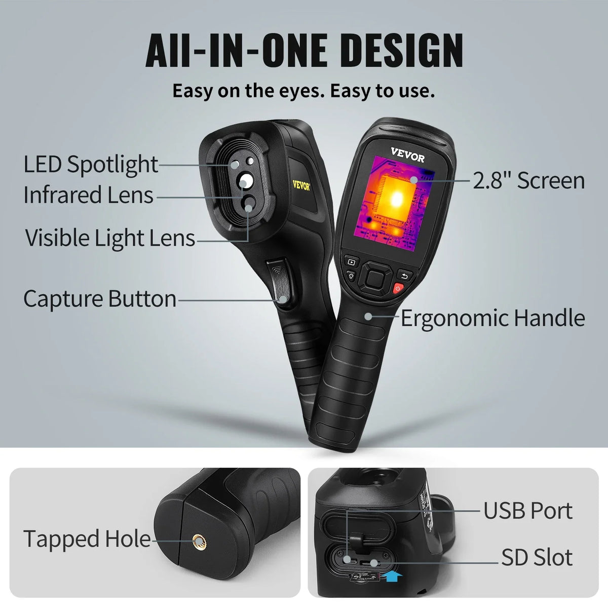 VEVOR Thermal Imaging Camera, 240x180 IR Resolution with 2MP Visual Camera, 20Hz Refresh Rate Infrared Camera with -4℉~1022℉ Temperature Range, 64G Built-in SD Card and Rechargeable Li-ion Battery