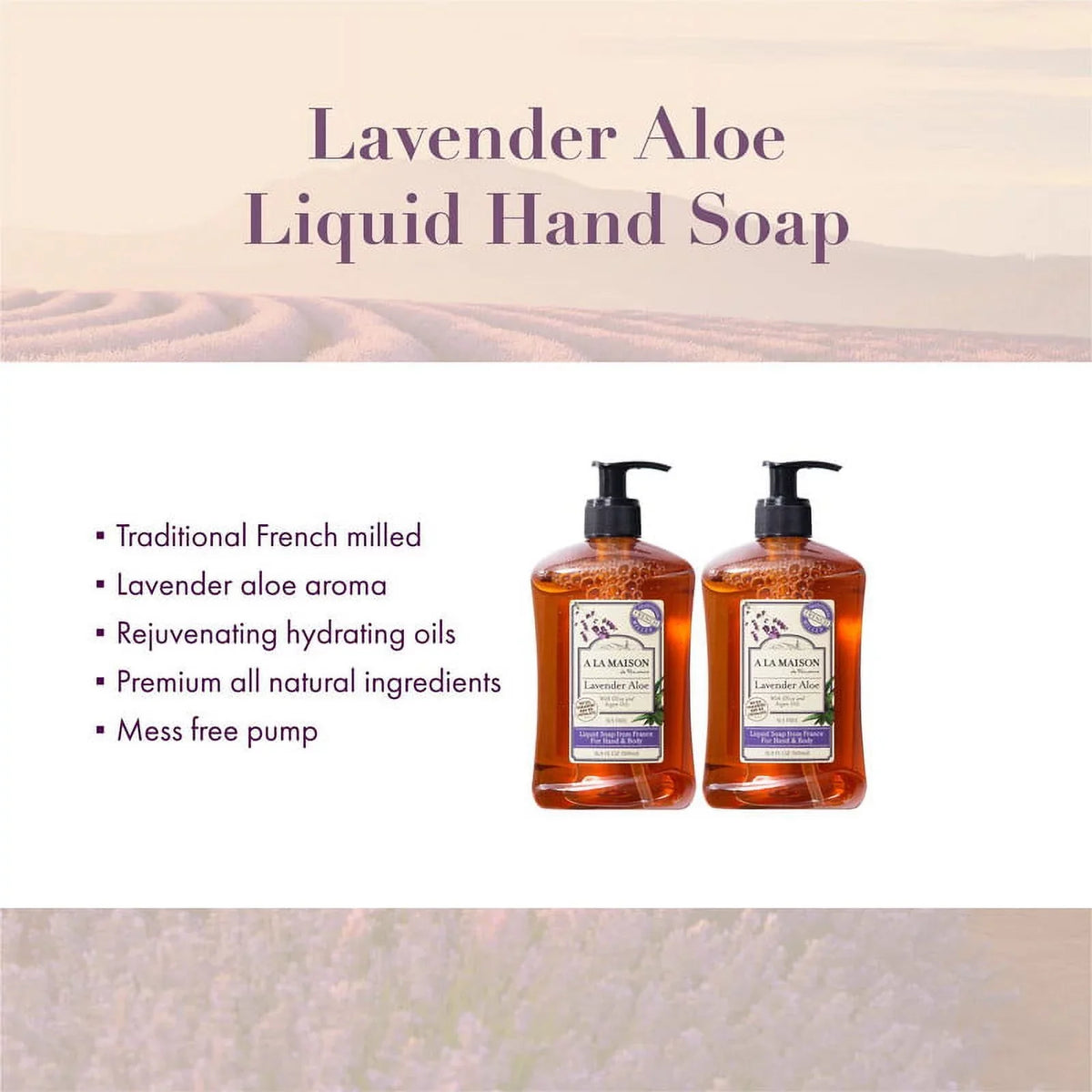A LA MAISON Lavender Aloe Liquid Hand Soap - Triple French Milled Natural Moisturizing Soap (2 Pack, 16.9 oz Bottle)
