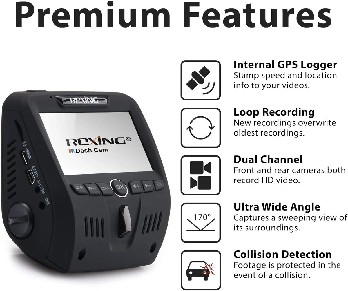 Open Box Rexing V1 Dual Channel Car Dash Cam FHD 1080p - Dark