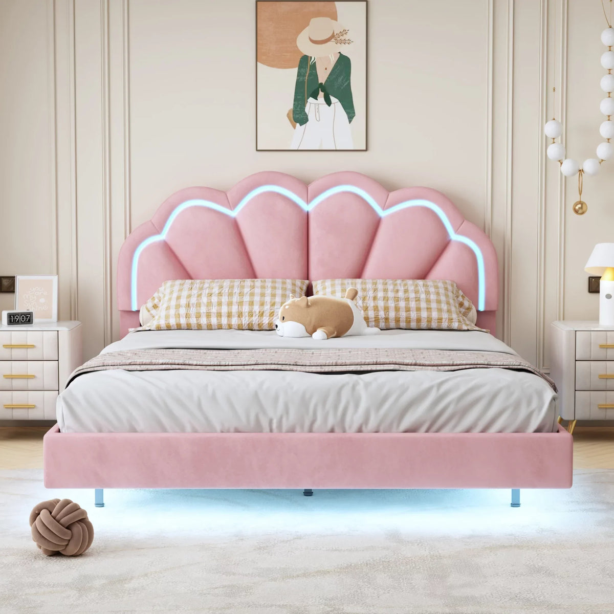 CoSoTower Queen Upholstered Smart LED Bed Frame with Elegant Flowers Headboard,Floating Velvet Platform LED Bed with Wooden Slats Support,Pink