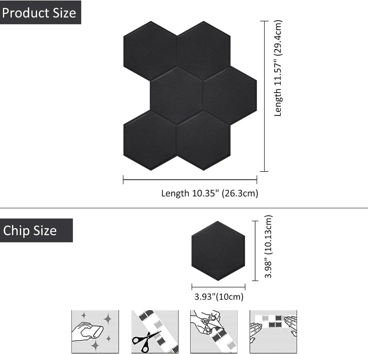 Real 3D Matte Dark Self Adhesive PET Tiles Big Hexagon Peel and Stick Backsplash for Kitchen Bathroom(11.57''x10.35'',10-Sheet)