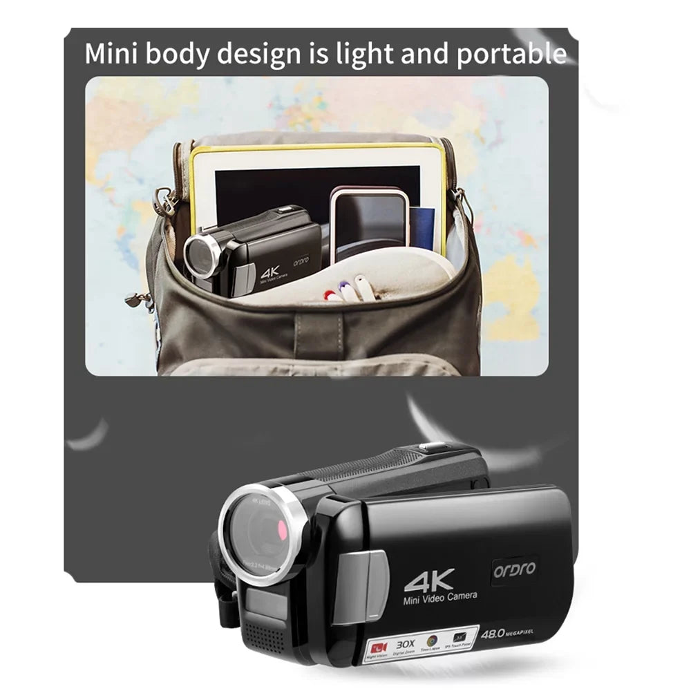 Carevas AC2 4K Digital Video Camcorder DV Recorder 48MP 30X Digital Zoom IR Night Vision 3.0 Inch IPS Touchscreen with Battery Remote Control Carry Bag