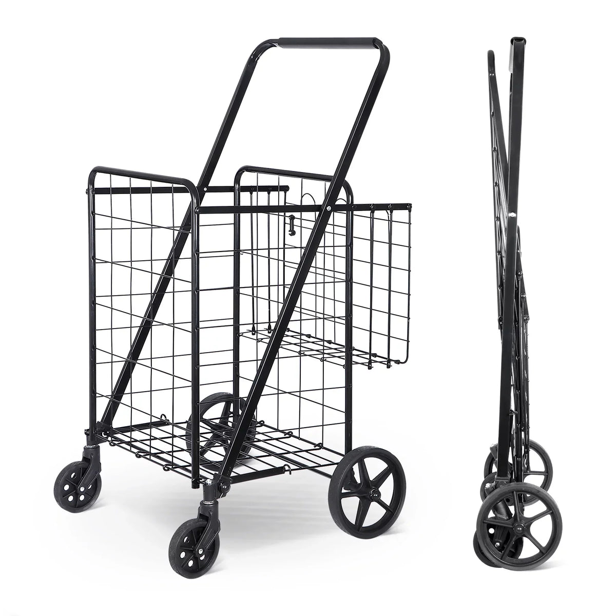 ZENY Folding Utility Shopping Cart with Double Basket and Wheels for Grocery Laundry Book Luggage Travel, Jet